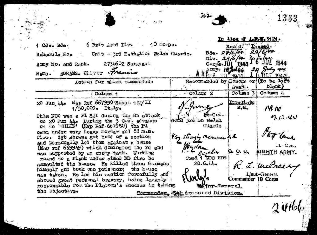 MM Citation Francis Abrams 3Bn Welsh Guards San Marco Perugia June 1944